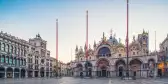 No people to be seen at St Marks Square and St. Mark's Basilica in the early morning, Venice, Italy. 