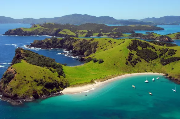 Aerial View of Waewaetorea Passage with lush vegetation and ocean waters in Bay of Islands, Northland New Zealand