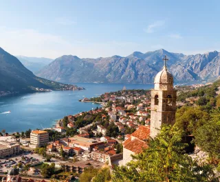 Bay view of the Montenegrin town Kotor and the belltower of Church of Our Lady of Remedy