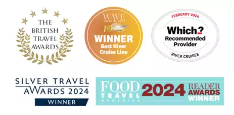 A set of certificate logos, showcasing Riviera as the winner of The British Travel awards,  2024 Best River Cruise Line, Which recommended Provider, Silver Travel Awards 2024 and Food & Travel reader awards 2024.